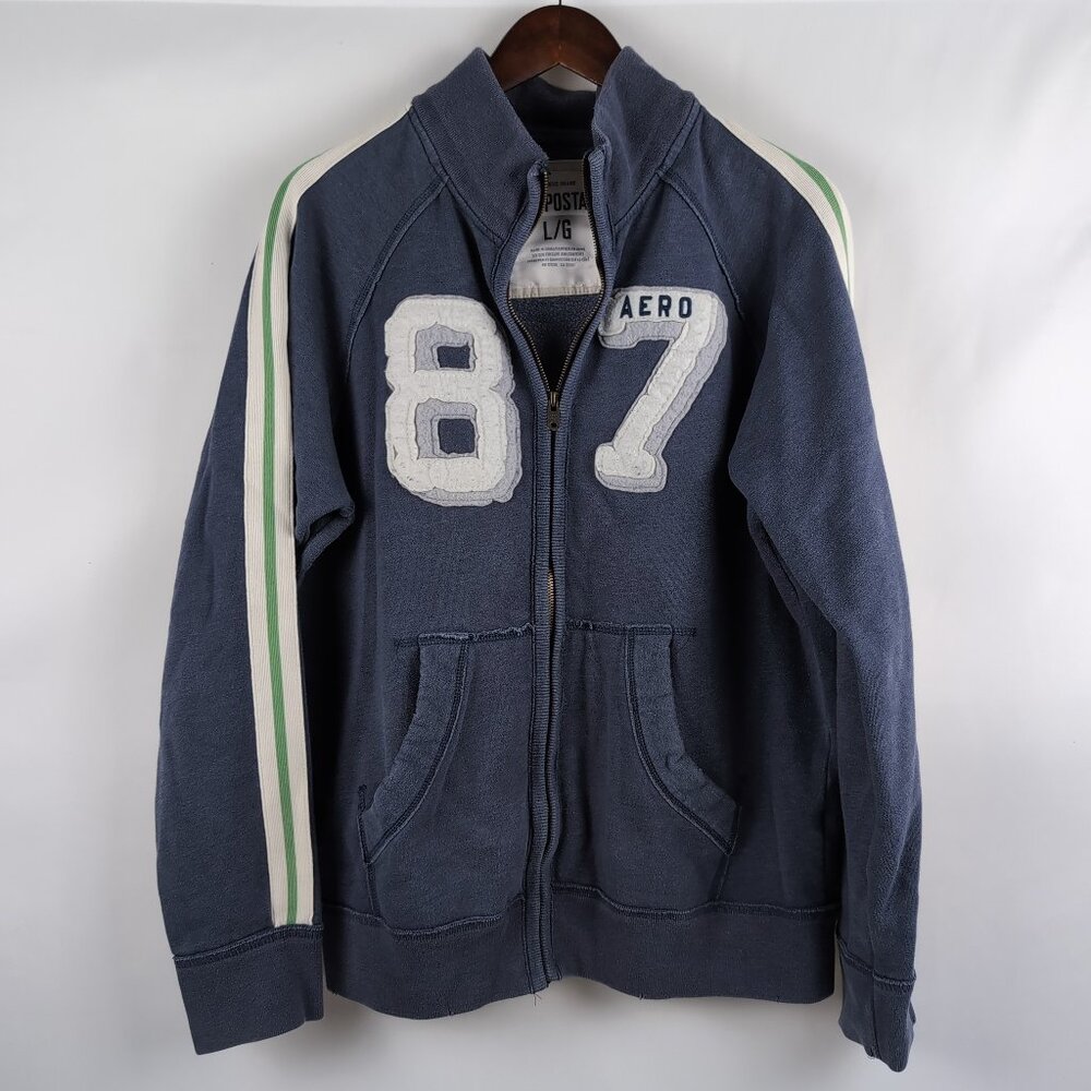 Aeropostale Men's Full Zip Sweater/Jacket White/Green Sleeve Stripe, Size Large